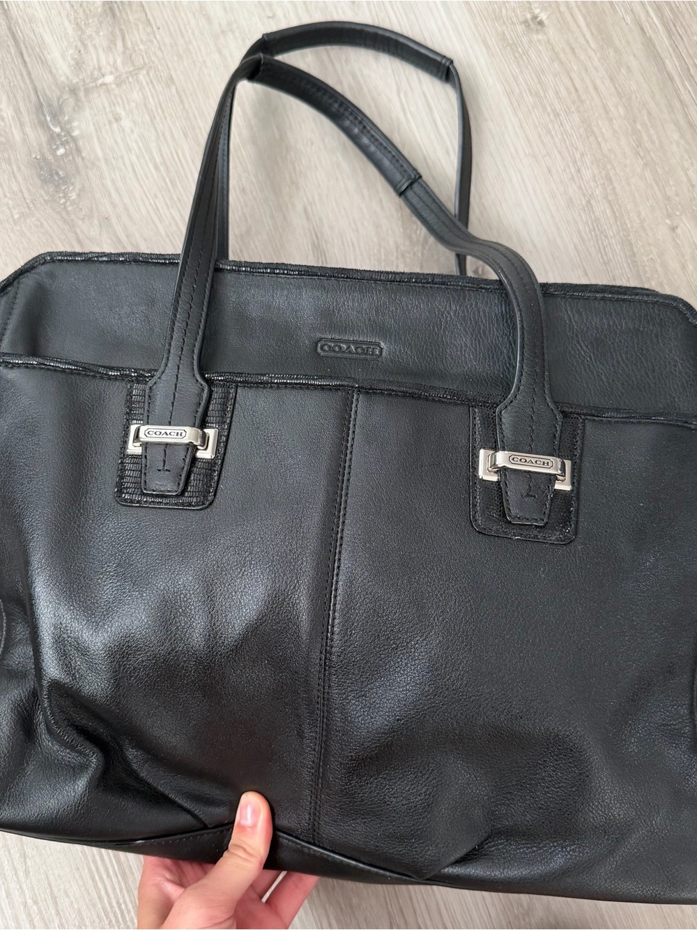 Coach Black Leather Double-Handle Tote with Silver Hardware